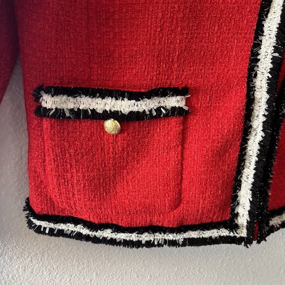 Talbots Red Tweed Jacket Size 12P Fringe Gold Buttons Red White Old Money Preppy - Picture 7 of 14